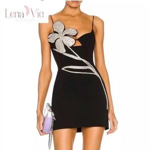 Mókä Floral Appliqué Cutout Minidress in Diamond Black, Designer Runway Dress
